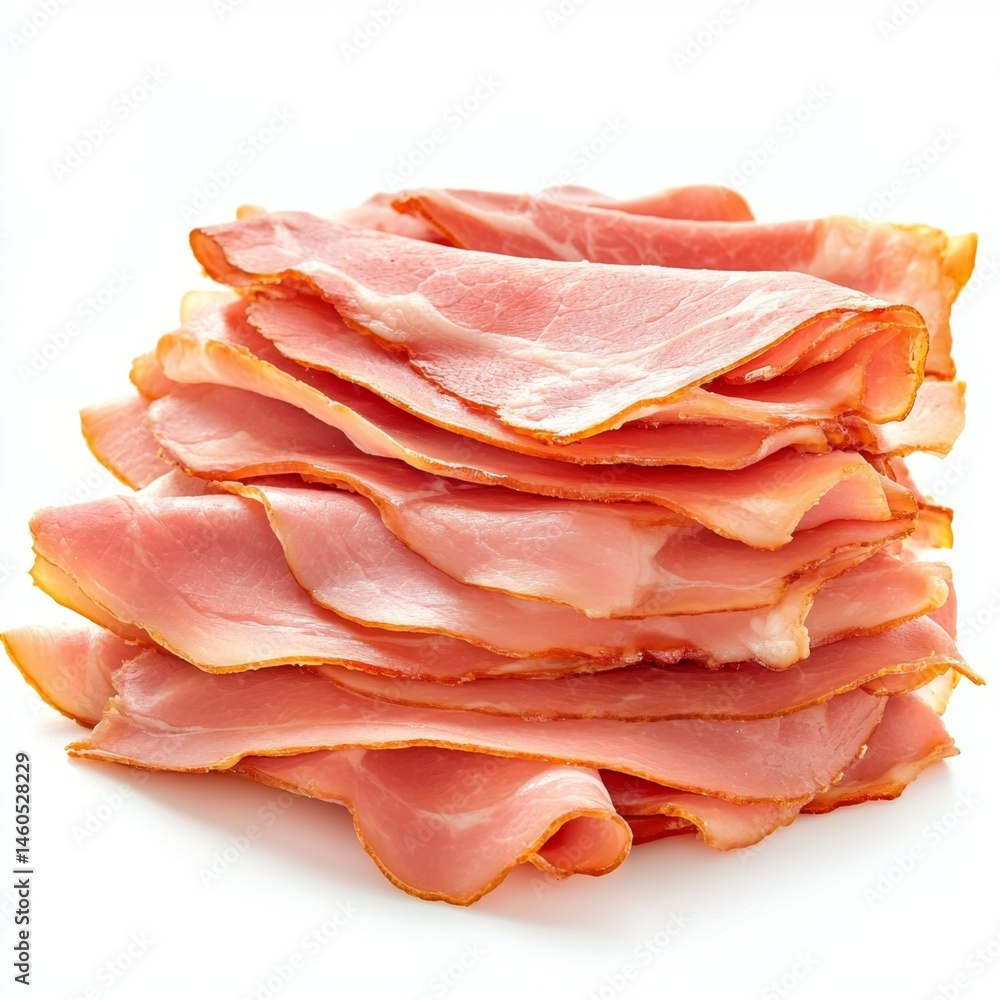 Stack of sliced ham. A pile of thinly sliced, cured ham. Stacked neatly, showcasing the color and texture of the meat Stack of sliced ham. A pile of thinly sliced, cured ham. Stacked neatly, showcasing the color and texture of the meat