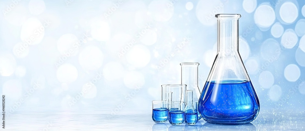 Chemistry Blue liquid filled flasks, various sizes, on a bokeh background Chemistry Blue liquid filled flasks, various sizes, on a bokeh background