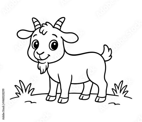 Cute cartoon goat illustration for kids, black and white farm animal line art, smiling goat drawing with grass for coloring book or educational materials