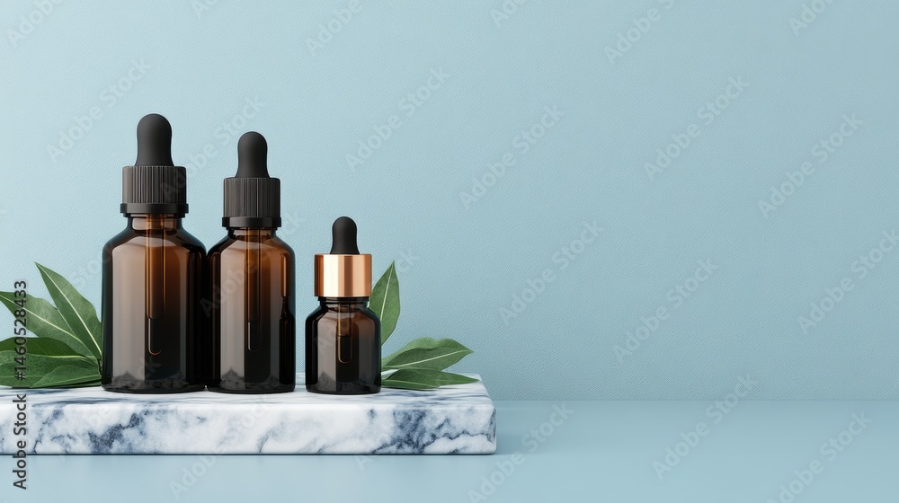 Naklejka premium Essential oil bottles display minimalist studio product photography calm ambiance close-up view wellness concept