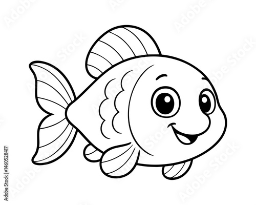 Canvas Print Cute cartoon fish illustration for kids, black and white aquatic animal line art