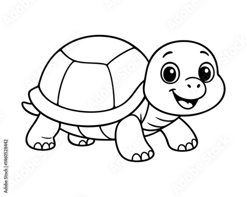 Cute cartoon turtle illustration for kids, black and white reptile line art, smiling tortoise drawing for coloring book or educational materials