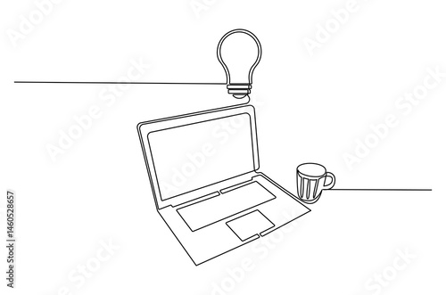 Continuous one line drawing of Laptop and a cup of coffee with light bulb. Single line drawing illustration of Laptop and bulb. Idea concept vector art. Doodle line illustration.
