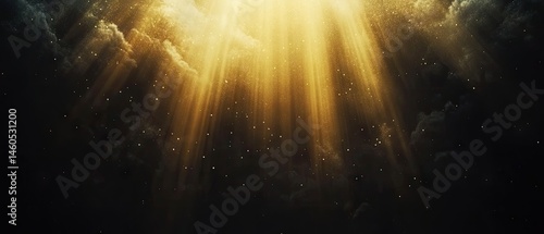 Radiant golden light streams down from above, illuminating dark clouds