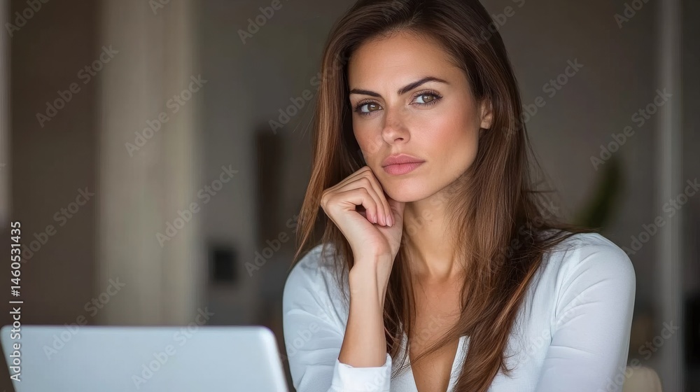 Fototapeta premium Focused professional woman working on laptop modern office portrait indoor close-up productivity concept