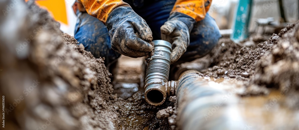 Obraz premium Construction worker installing pipeline in trench