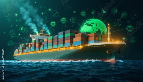 Global trade in motion cargo ship navigates ocean waters digital representation of connectivity modern shipping industry nighttime view with futuristic elements
