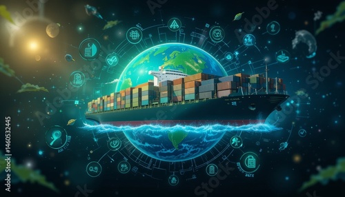International shipping vessel navigating the globe digital visualization container transport global trade futuristic concept
