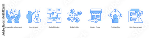 Global Market icon sheet web vector illustration analysis development, investment, global market, stakeholder, market entry, profitability, risk assessment