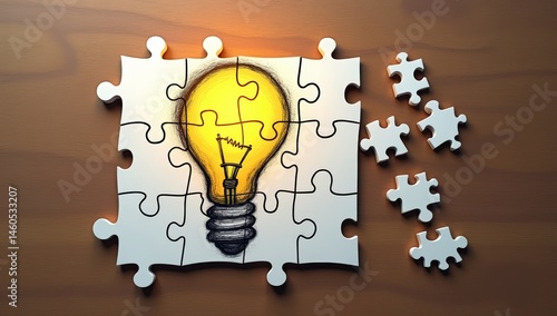 This bright vector illustration showcases a creative light bulb concept formed by puzzle pieces, symbolizing an innovative solution