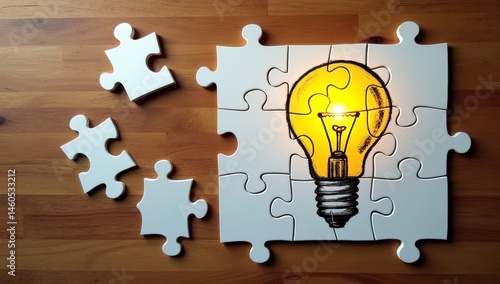 This bright vector illustration showcases a creative light bulb concept formed by puzzle pieces, symbolizing an innovative solution