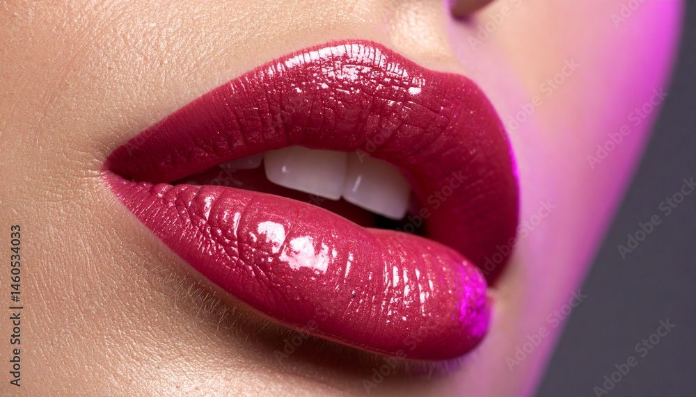 Fototapeta premium Glistening lips close-up with wet red gloss