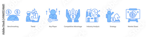 Industry Competitive icon sheet web vector illustration benchmarking, trend, key player, competitive advantage, industry analysis, strategy, market share