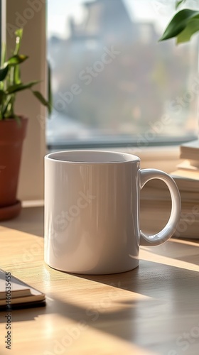 White Ceramic Coffee Mug on Wooden Table with Natural Light