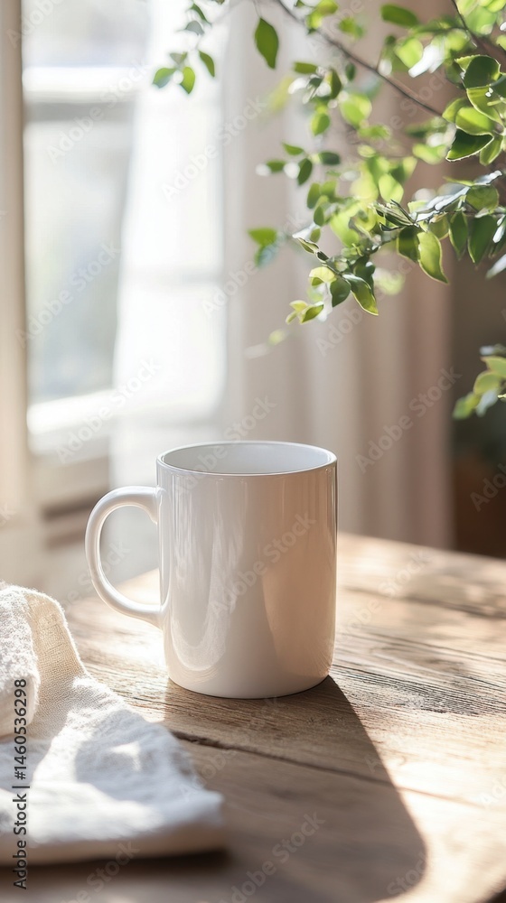 Obraz premium Simple White Coffee Mug on Wooden Table with Natural Light