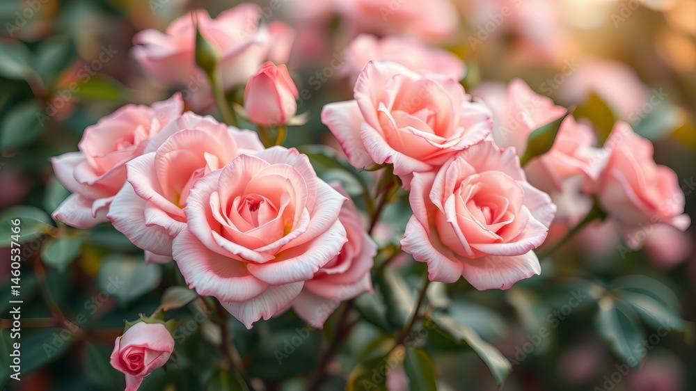 A cluster of delicate light pink roses blossoms in a lush green garden bathed in soft sunlight. A cluster of delicate light pink roses blossoms in a lush green garden bathed in soft sunlight.