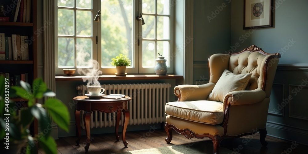 Serene morning tea in a sunlit, antique-furnished room, featuring a comfortable wingback chair and a side table with a steaming cup Serene morning tea in a sunlit, antique-furnished room, featuring a comfortable wingback chair and a side table with a steaming cup