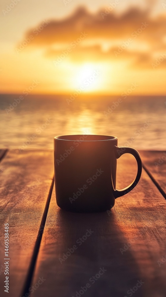 Warm Coffee Cup Against Beautiful Sunrise Over Calm Sea Horizon Warm Coffee Cup Against Beautiful Sunrise Over Calm Sea Horizon