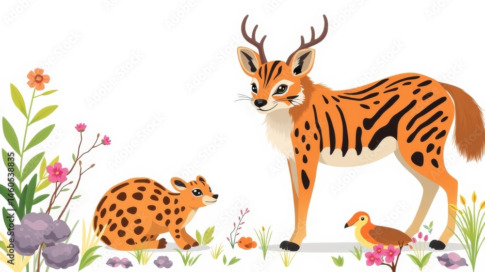 An illustration of an adult and baby tufted deer standing amidst vibrant sp flowers and a small bird. An illustration of an adult and baby tufted deer standing amidst vibrant sp flowers and a small bird.