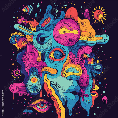 Acid rave set. Psychedelic trippy, acidic abstract characters and objects. Vector illustration, vector style simple color
