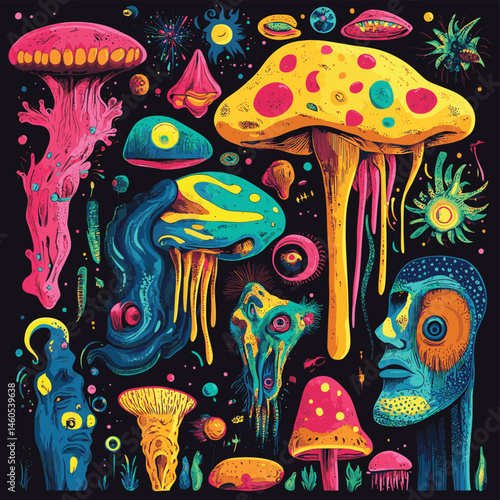 Acid rave set. Psychedelic trippy, acidic abstract characters and objects. Vector illustration, vector style simple color