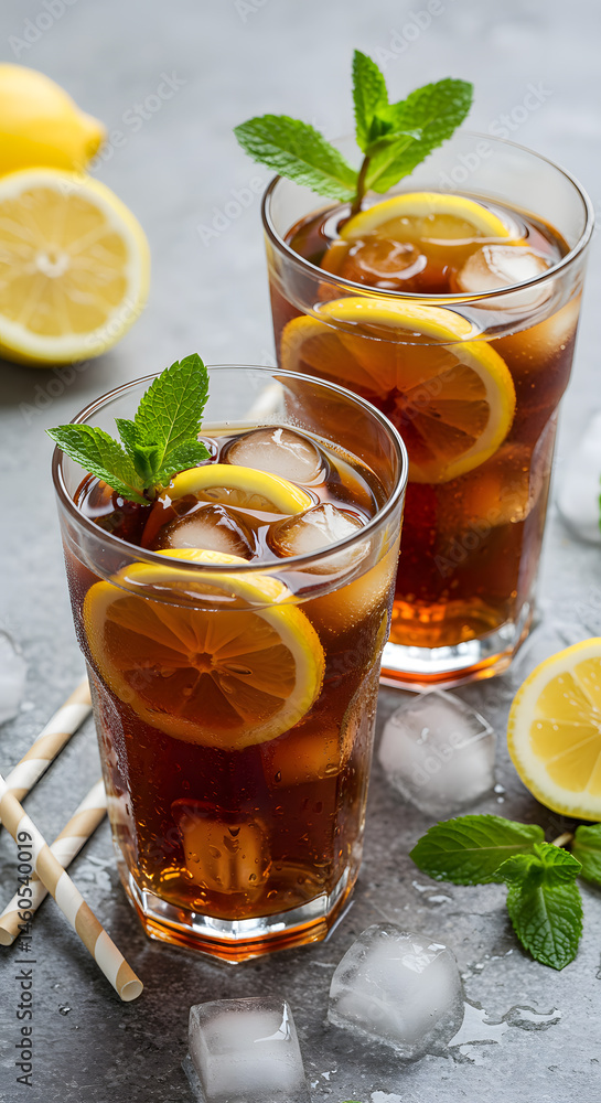 Iced Tea with Lemon and Mint on Textured Stone - Refreshing Summer Drink Iced Tea with Lemon and Mint on Textured Stone - Refreshing Summer Drink