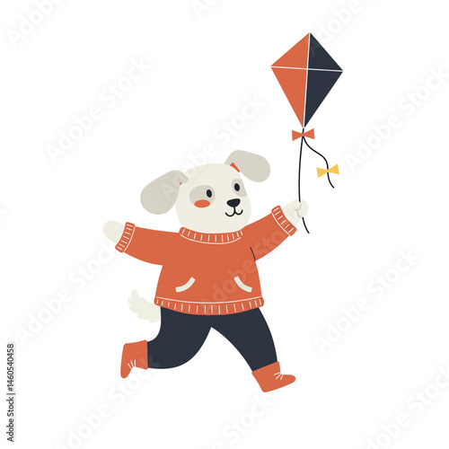 Cute yellow dog playing with small yellow toy car in playful scene vector illustration 
