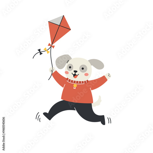 Cute dog playing with orange toy car vector illustration in simple style for children and pet lovers 