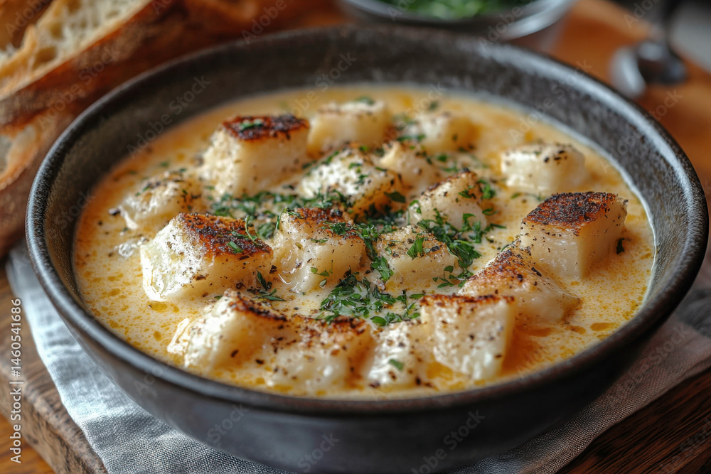 Bowl of soup with bread and bread on a table. Bowl of soup with bread and bread on a table.