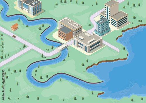 isometric Industrial building area with river and lake