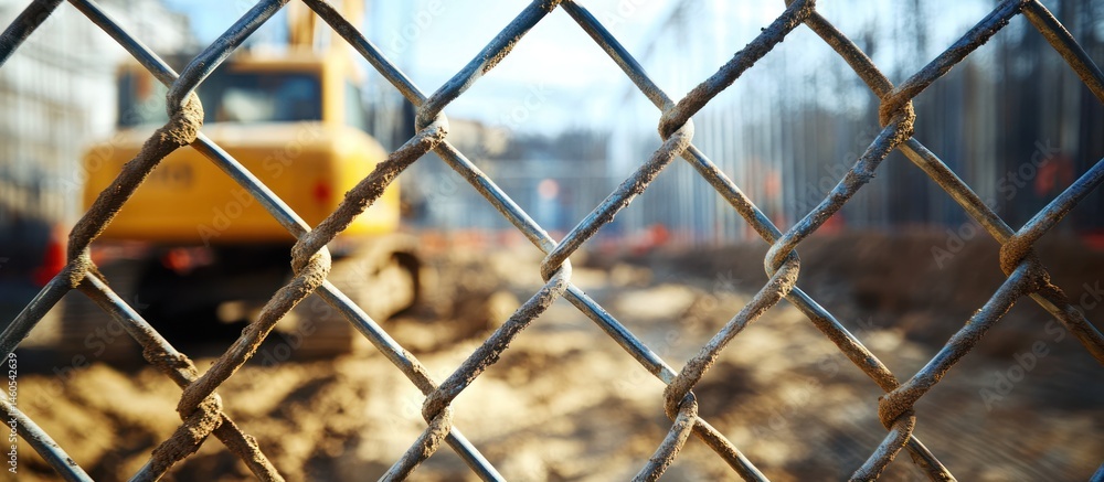 Fototapeta premium Excavator behind chain-link fence, urban construction site