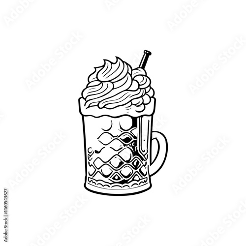 Detailed Hand-Drawn Illustration of a Frothy Beverage with Extravagant Topping