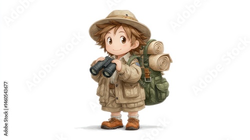 A young explorer ready for adventure with binoculars and a backpack perfect for themes of expl