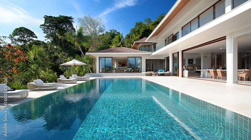 Fototapeta premium A striking modern luxury villa with clean white walls, a large sparkling swimming pool, and an expansive patio, showcasing elegant design and ultimate comfort in a tropical setting 