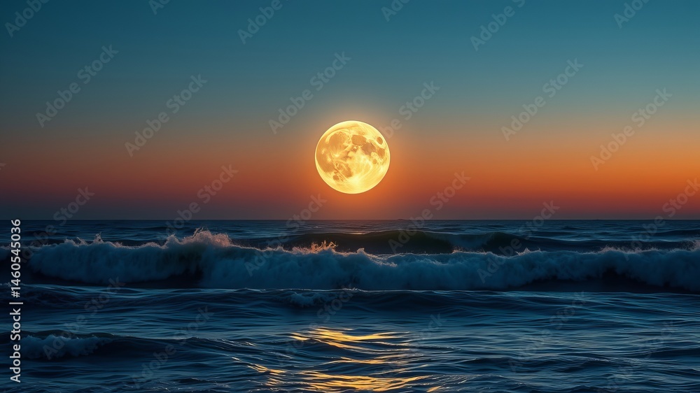 Obraz premium A vibrant full moon rises over a tranquil ocean du a breathtaking sunset creating a magical night scene.