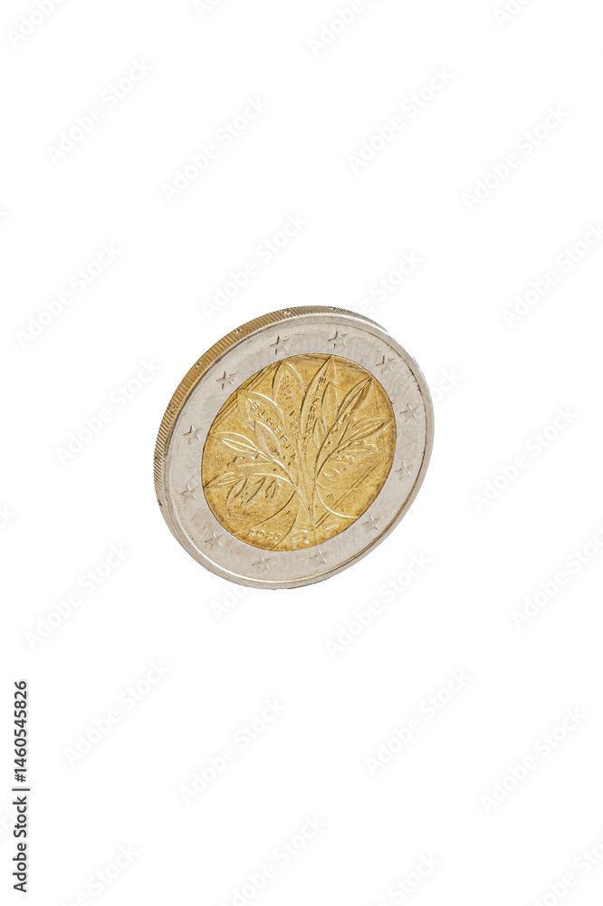 Reverse (tails) side of a 2 euro coin standing upright at an angle. Oak and olive branches, a hexagon and motto of French Republic: Reverse (tails) side of a 2 euro coin standing upright at an angle. Oak and olive branches, a hexagon and motto of French Republic: