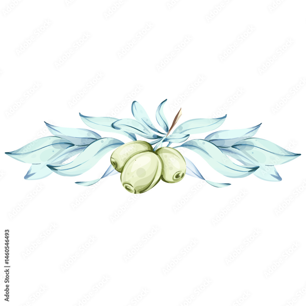 Fototapeta premium Olives and olive oil illustrated in watercolor style capturing the essence of Italian cuisine and natures beauty frame, border, arrangement