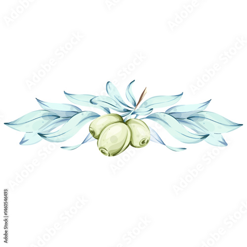 Olives and olive oil illustrated in watercolor style capturing the essence of Italian cuisine and natures beauty frame, border, arrangement