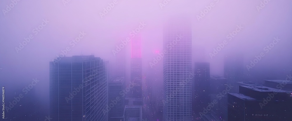 A hazy city skyline in purple. Skyscrapers are silhouetted against a dense fog A hazy city skyline in purple. Skyscrapers are silhouetted against a dense fog