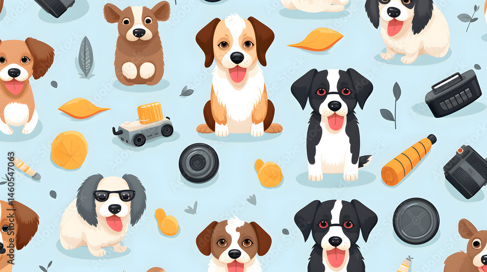 Professional Seamless Pattern Design with Adorable Dog and Stylish Pet Accessories Professional Seamless Pattern Design with Adorable Dog and Stylish Pet Accessories