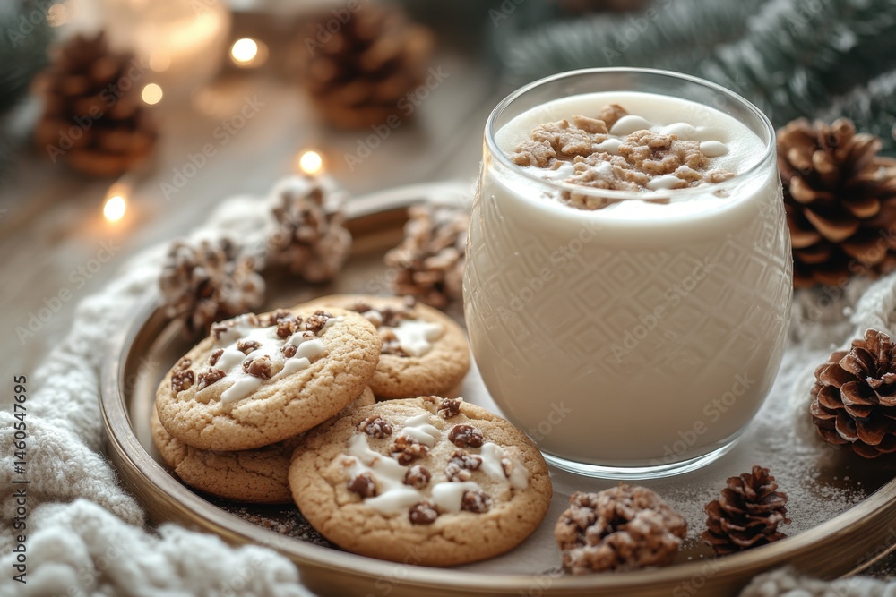 Glass of milk next to cookies on a plate. Glass of milk next to cookies on a plate.