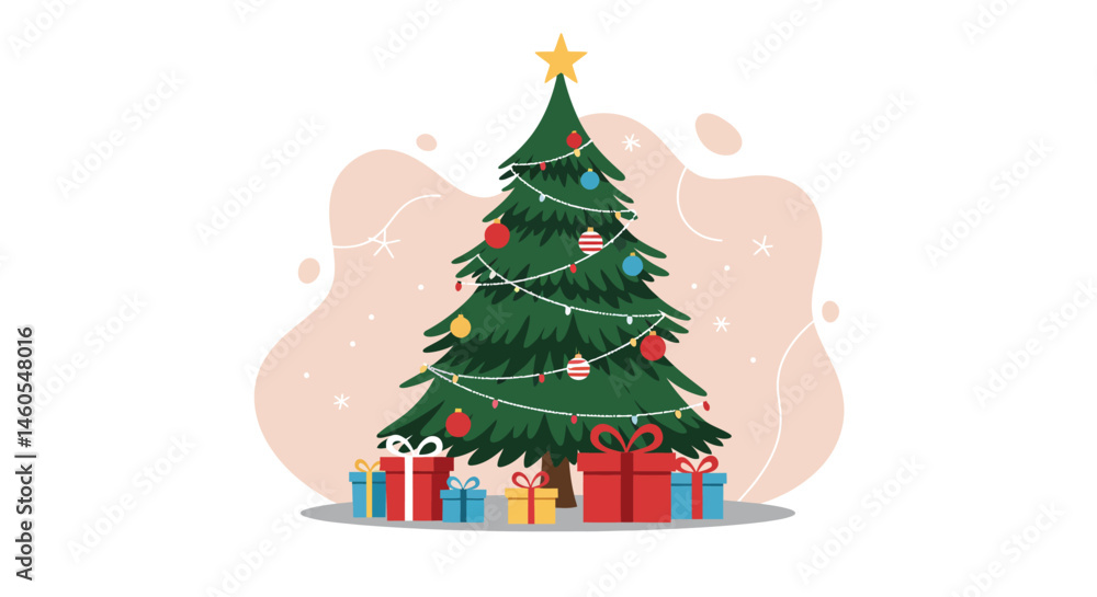 Obraz premium Christmas tree decorated with colorful baubles and star top surrounded by wrapped presents vector illustration 