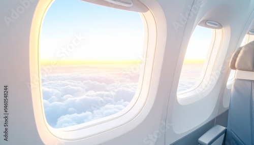 A red sunset over the endless sea of ​​clouds outside the airplane window