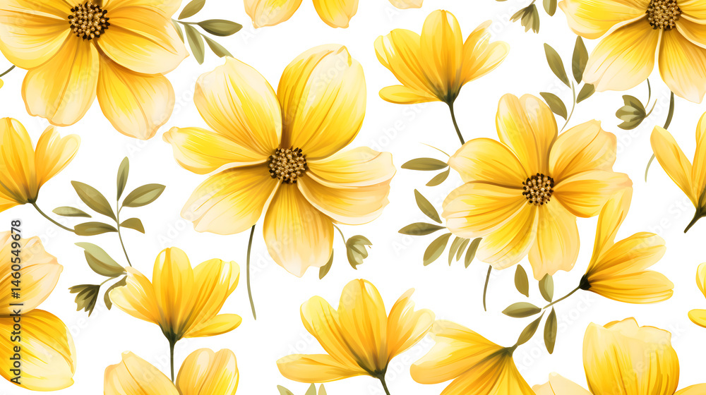 Elegant Seamless Pattern of Yellow Flowers on White Background for Design Projects Elegant Seamless Pattern of Yellow Flowers on White Background for Design Projects
