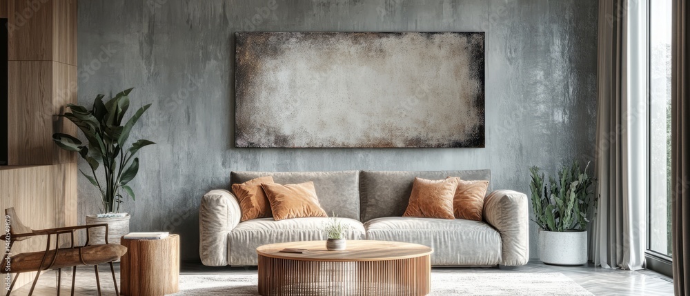 A Cozy Living Room With A Gray Textured Wall, A Light Beige Sofa, Wooden Accents, And Plants. The Overall Vibe Is Calm And Serene. A Cozy Living Room With A Gray Textured Wall, A Light Beige Sofa, Wooden Accents, And Plants. The Overall Vibe Is Calm And Serene.