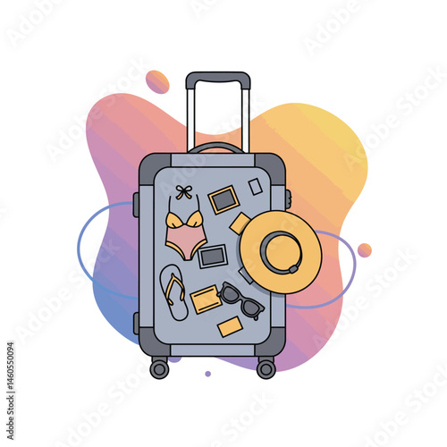Travel suitcase with summer accessories including hat, sunglasses, bikini, and flip flops vector illustration for vacation preparation and holiday packing 