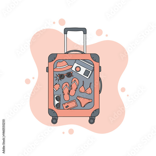 Travel suitcase packed with summer essentials including hat sunglasses bikini and flip flops vector illustration 