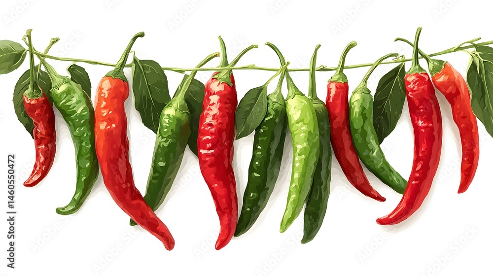Vibrant Red and Green Chili Peppers Hanging on a Vine Vibrant Red and Green Chili Peppers Hanging on a Vine