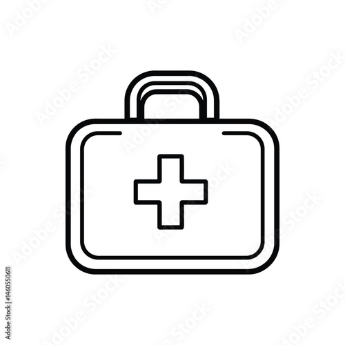 Isolated Outline Black First Aid Kit with Handle on Transparent Background