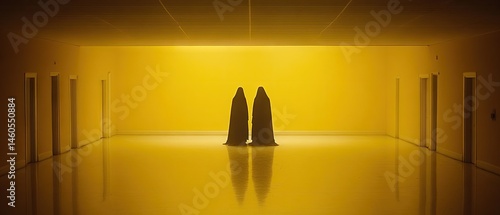 In a bright yellow hall, two figures stand casting reflections on the polished floor